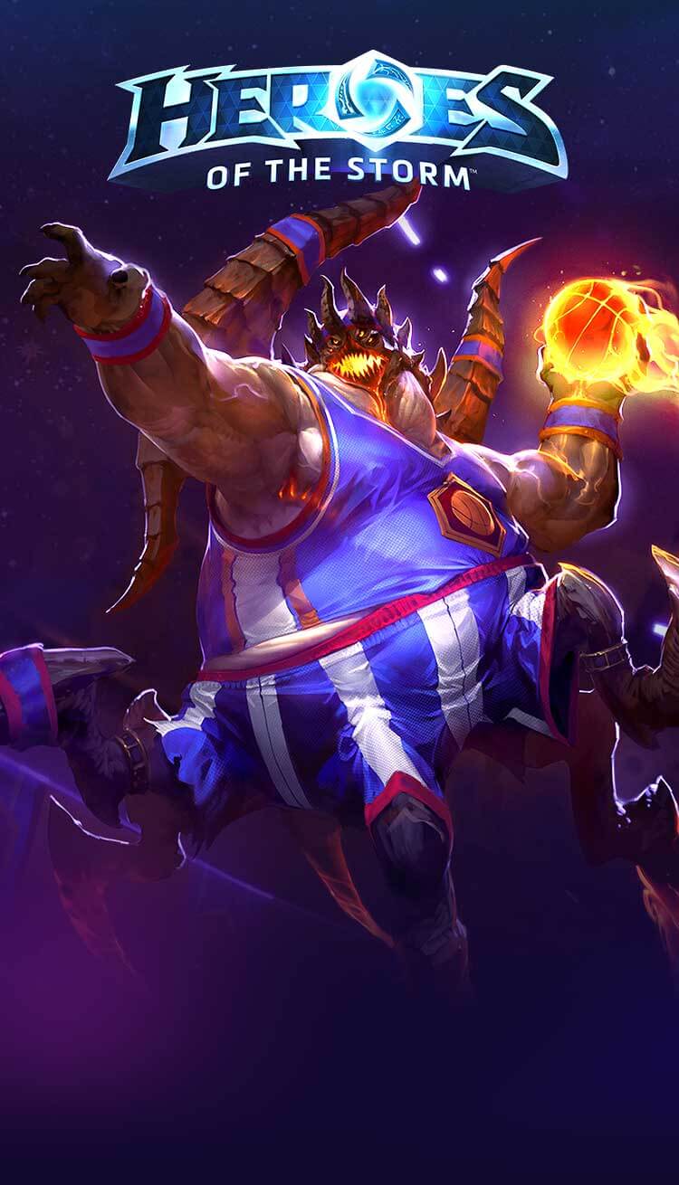 Heroes of the Storm character in basketball gear slam dunking a ball of fire