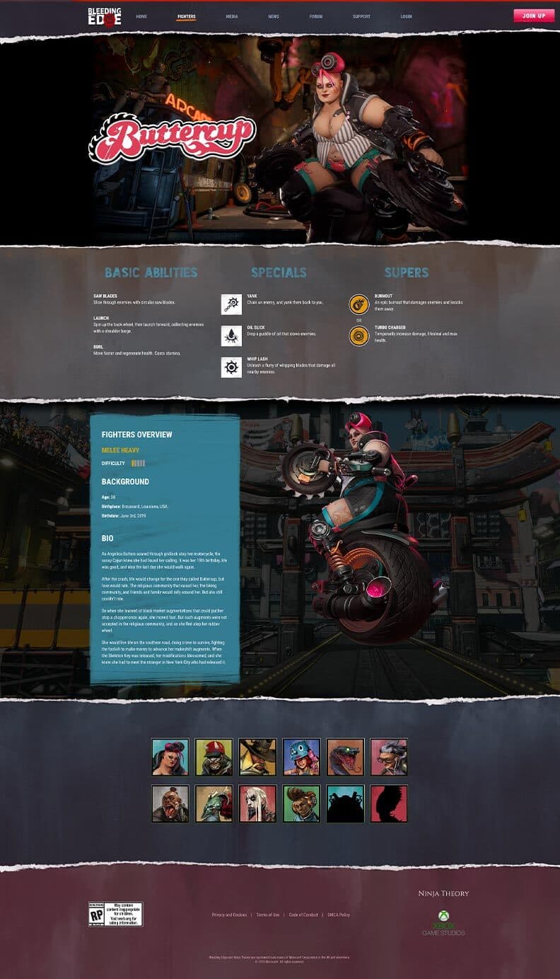 Screenshot of a character bio page